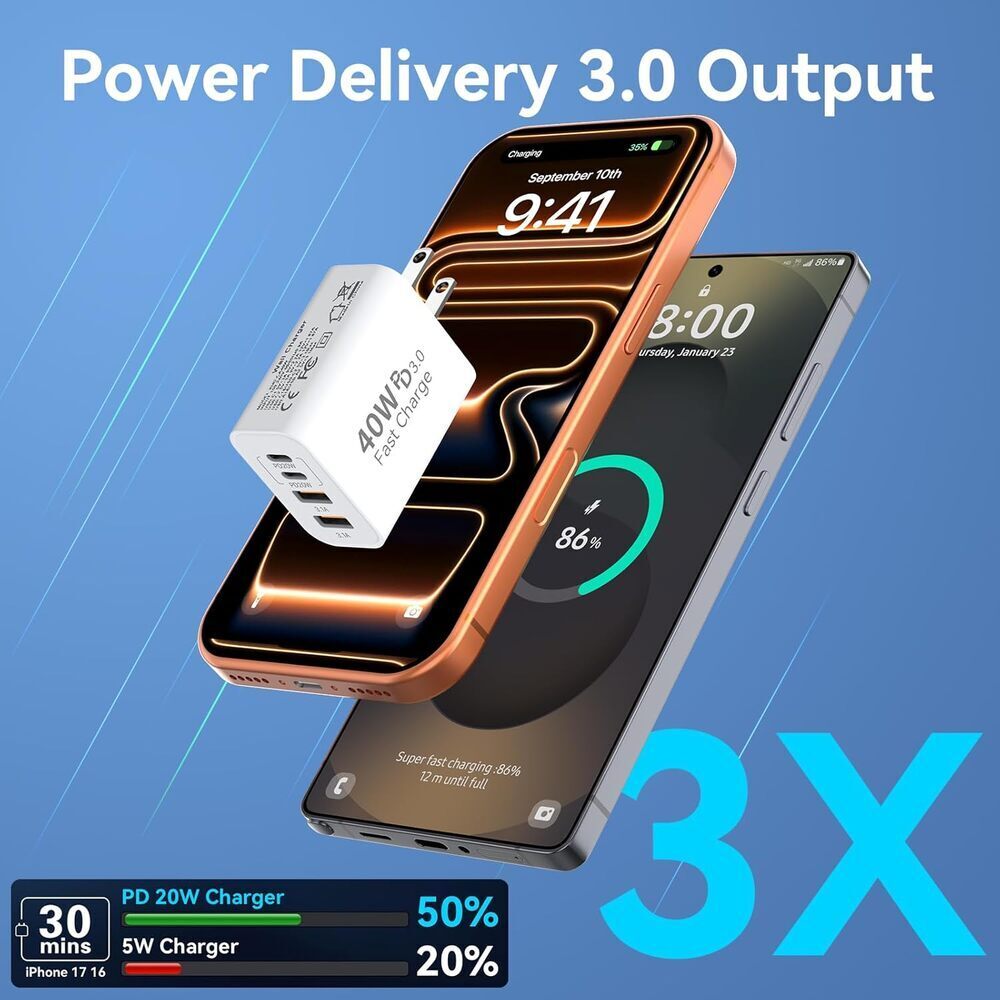 USB C Charger Block 2 Pack 40W Fast Charging 4 Port Wall Plug Power Adapter - Picture 4 of 7